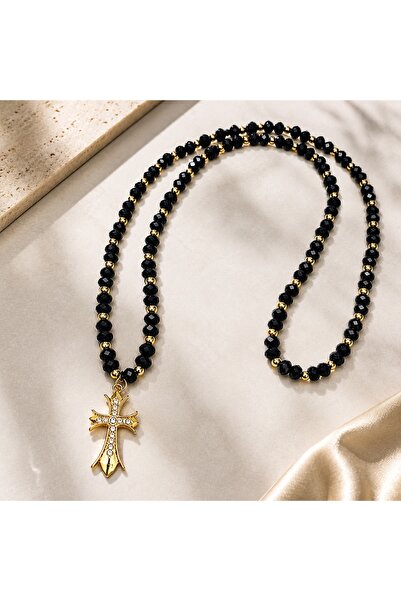 velve Rosaria necklace, long model with black faceted beads and crystal cross...