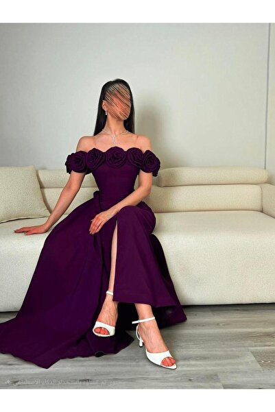 leen fashion فستان سهرة بنفسجي أوف شولدر بوردات ورد وشق أمامي