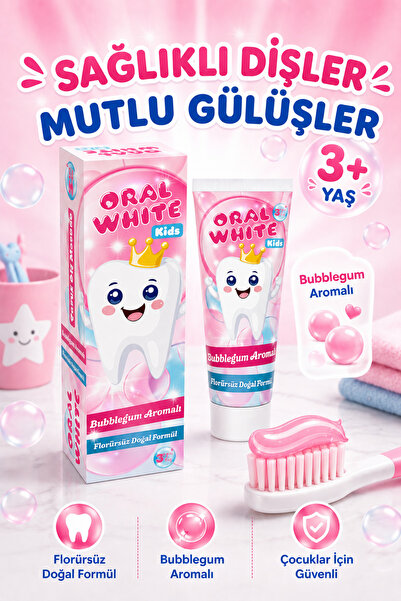 Oral White Kids Çocuk Diş Macunu 3+ Yaş Bubblegum Aromalı Florürsüz Doğal For...