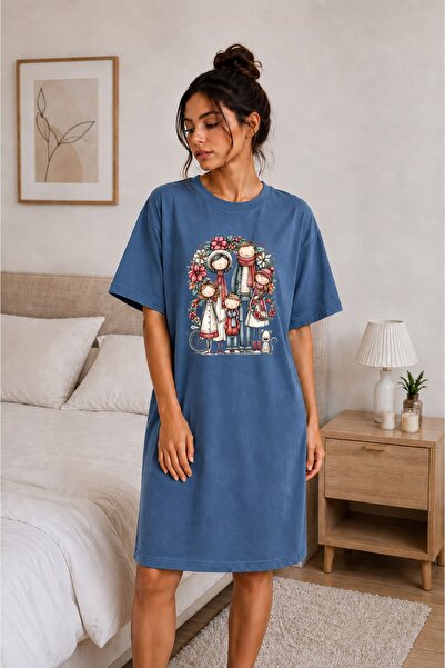 classy moda Happy Family Linear Patterned Oversize Extra Long Tunic T-Shirt