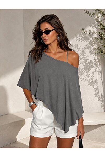 Olyssia Women's Gray Poncho Single Shoulder Asymmetrical Cut Soft Textured Lo...