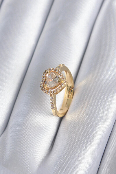 SORA GROUP Brass Gold Color Zircon Stone Heart Charm Model Women's Ring