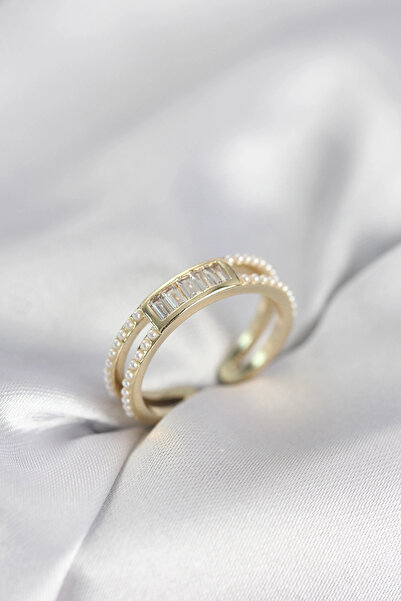 SORA GROUP Baguette Zircon Stone Gold Color Pearl Women's Ring