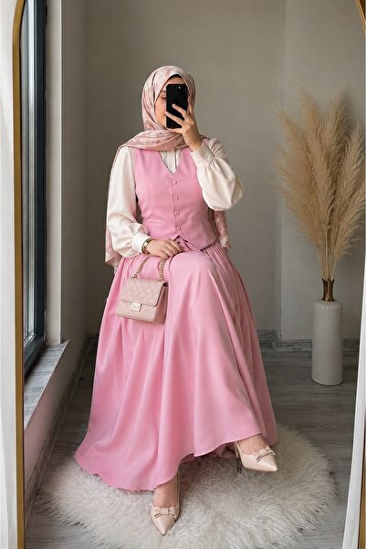 Mivelya Women's Hijab Double Vest & Skirt Flared Set