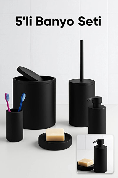 SORA GROUP 5 Piece Black Bathroom Set Round Trash Can Toilet Brush Soap Dispe...
