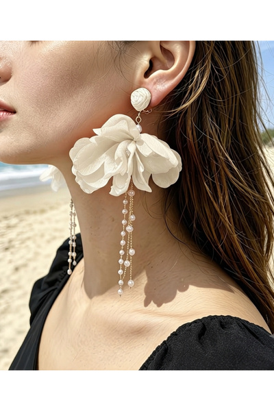 1PARÇAMAVİ Non-Perforated Clip-On Women's Earrings - Ecru Tulle Detailed Earr...
