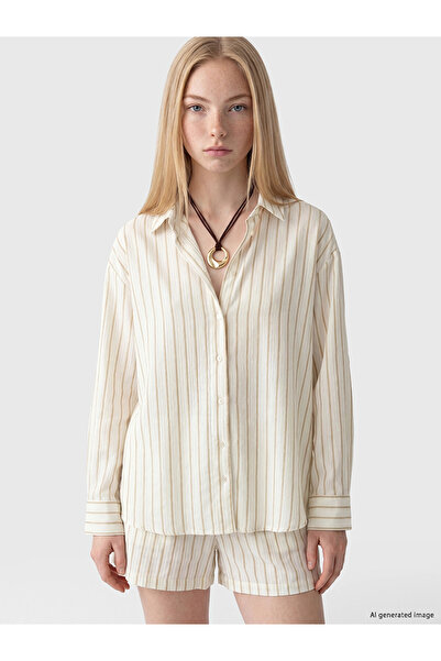 LC Waikiki Xside Beige Striped Muslin Oversize Women's Shirt