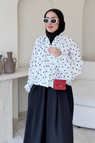 Tesettür Diyarı Polka Dot Bomber Jacket - White Standard Size (Fits 36-42)