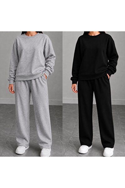 FUFLUNS Women's Tube Collar 2-Piece Gray-Black Bottom/Top Track Suit Set