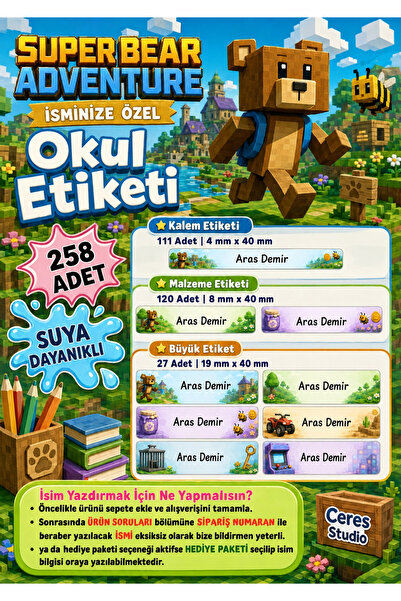 Ceres Studio Okul Etiketi Kalem Defter isimli Etiket Isim Yazılabilen Super B...
