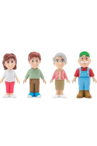 Cocomelon Deluxe Family 8 Figure Set, which includes characters JJ, TomTom, YoYo, Cody, Nina, Mom, Dad, and Bingo the dog.