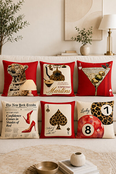 stellahomes Red Leopard, Cocktail and Playing Card Themed Set of 6 Digital Pr...