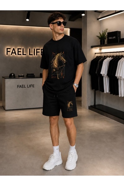 FAEL LİFE طقم تي شيرت وشورت للجنسين مطبوع عليه حصان