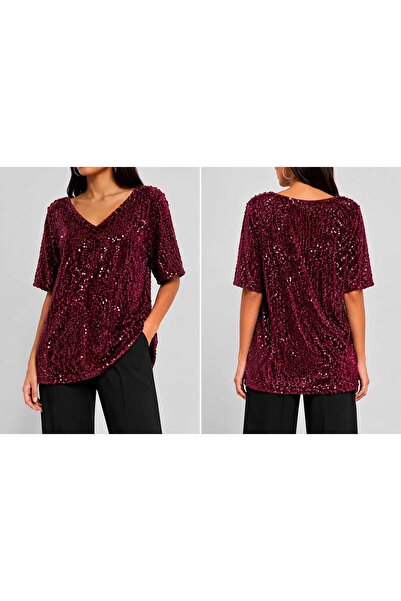 Generic Women’s Burgundy Sequin V-Neck Short Sleeve Party Top