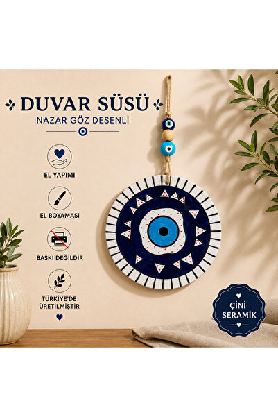 Genel Markalar Nazar Desenli El Boyaması Çini Duvar Süsü – Yuvarlak Seramik D...