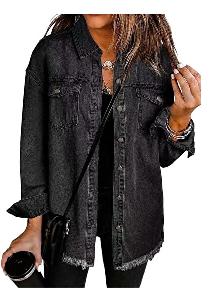 GENERAL Denim Jacket for Women Oversized Boyfriend Jean Jacket Button Up Fray...