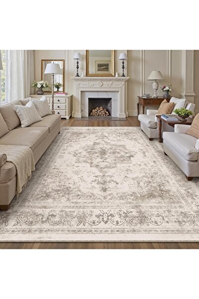 GENERAL PureCozy Vintage Round Carpet 120cm Beige Washble Anti Slip Circular ...