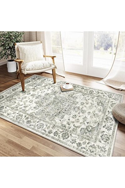 GENERAL PureCozy Vintage Round Rug 120cm Beige Washable Non Slip Area Rugs | ...