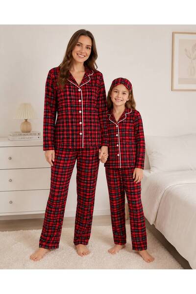 Fil Kids Mother-Daughter Cotton Suede Red Plaid Patterned Winter Pajama Set w...