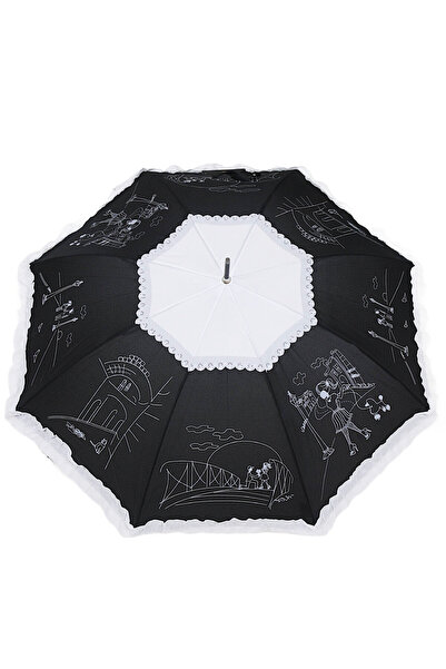 Parasol Umbrela lunga automata pentru doamne - Parisian, negru cu volan alba