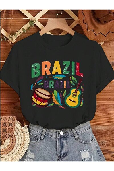25W Ladies Brazil Theme T-Shirt - Festive Carnival Print, Round Neck, cotton,...