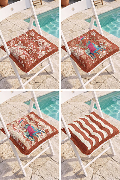 Realhomes Brick Color White Floral Motif and Striped Double-Sided 4-Piece Fri...