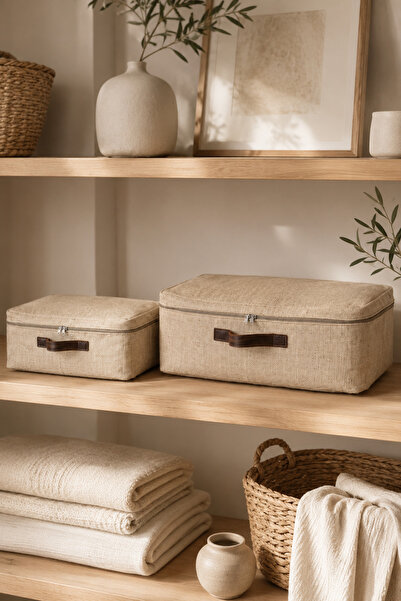 Dathcha Beige Jute Storage Bag S + m Set of 2 Foldable Fabric Storage Bag Clo...