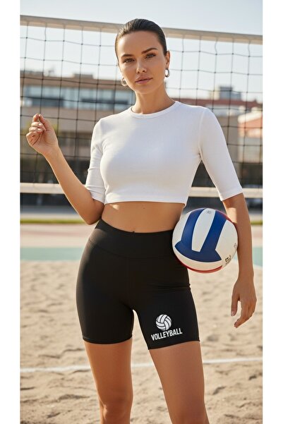 buzaa Women's Black High Waist Volleyball Ball and "Volleyball" Printed Sport...