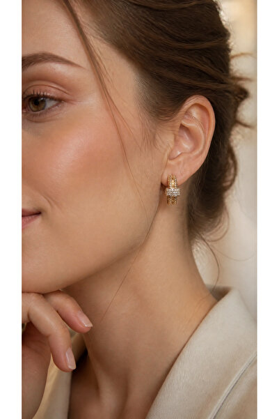 Mise Aksesuar Gold Color Stone Elegant Earrings