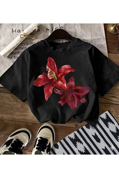 MODARİCH Kadın Lilyum Çiçek Özel Baskılı Oversize Pamuklu Bisiklet Yaka T-Shirt