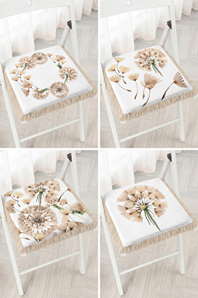 Realhomes Beige Daisy and Floral Patterned Modern 4-Piece Fringed Zippered Ch...