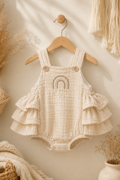 Mnk Baby&Kids Rainbow Detailed 100% Cotton Muslin Baby Romper M00852 Dark Ecru