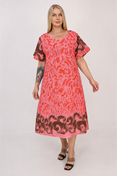 Butik Ayseba Plus Size Lined Cotton Printed A-Line Dress