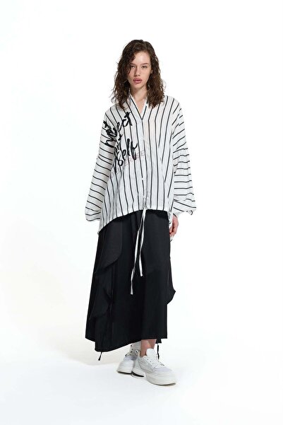 #vdr viadellerose White Black Text Detailed Striped Shirt 19008