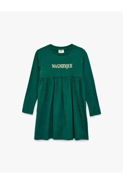 Koton Printed Drawstring Detailed Long Sleeve Crew Neck Cotton Dress