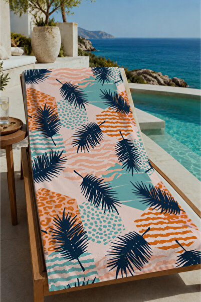 Evmila Beige Navy Blue Tropical Palm Leaf Patterned 70X150 Beach Towel - Digi...