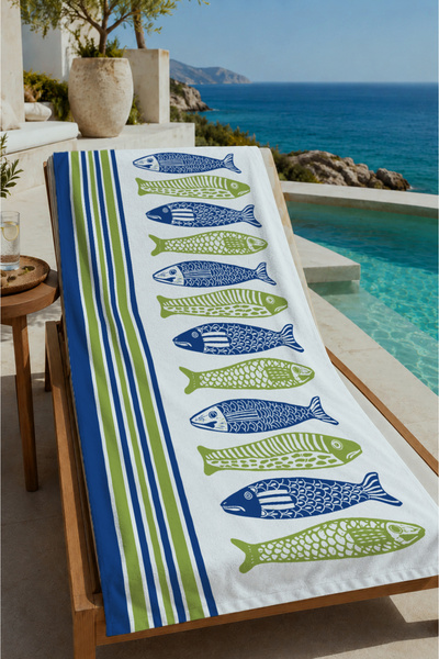 Evmila White Green Blue Striped Fish Patterned 70X150 Beach Towel - Digital P...