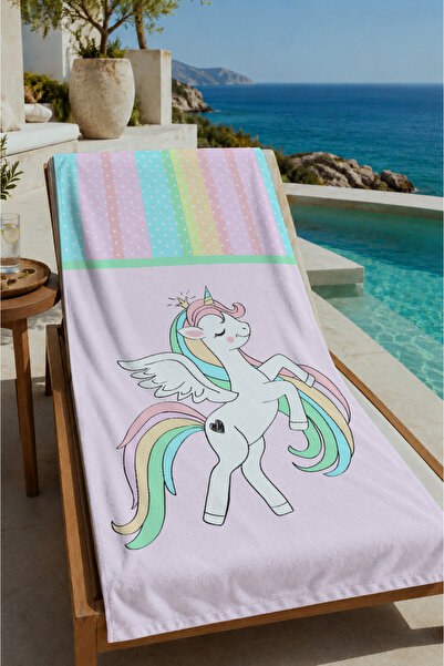 Evmila Pastel Striped Unicorn Patterned 70X150 Beach Towel - Cotton Bath Towel