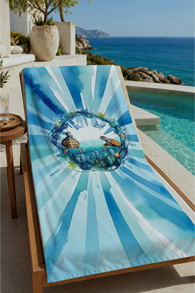 Evmila Blue and White Sailor's Helm and Seascape Patterned 70X150 Beach Towel...