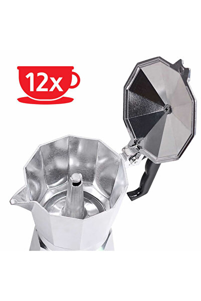 HAEGER Cafetieră Moka MOKA POT 12, Capacitate 12 cești, Corp din aluminiu, Compatibilă cu plite pe gaz/electrică/ceramice, Supapă de siguranță, Argintiu