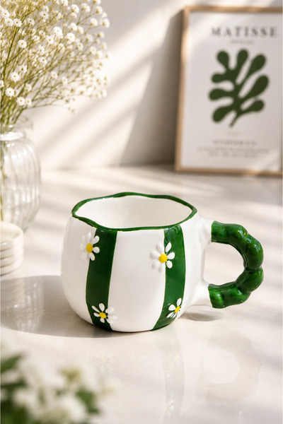 Çağ Seramik Green Stripe Daisy Patterned Handmade Ceramic Mug – Cream Coffee ...