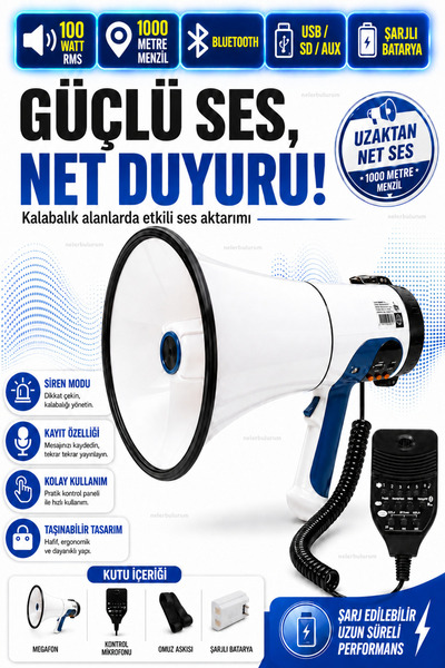 nelerbulurum 100 Watt Şarjlı Bluetooth Megafon 1000 Metre Menzilli USB SD AUX Girişli Kayıt ve Siren Özellikli