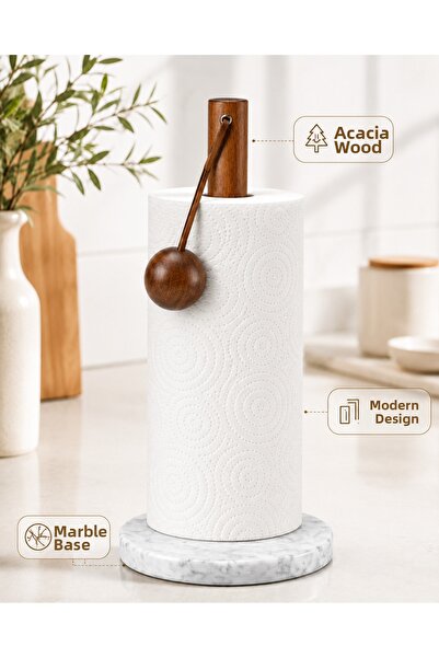 SHARI Acacia Towel Paper Holder with Marble Base Kitchen Roll Napkin Holder M...