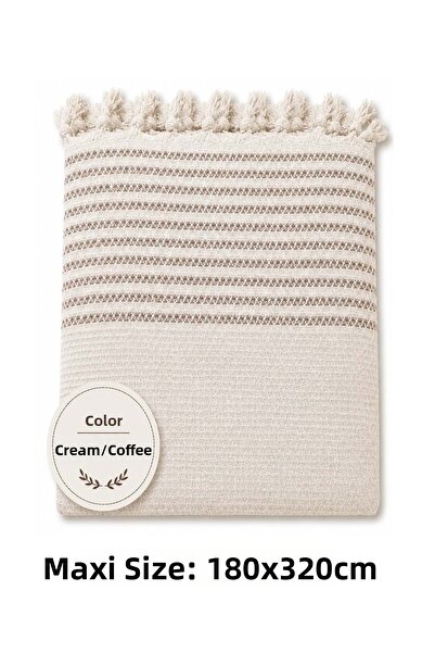 Mandaş Cream Brown - Cotton Non-Slip Wicker Woven Maxi Size Sofa Cover (180X310)