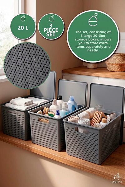 EVONİTA 3-Piece Storage Box with Lid 20 Lt Multi-Purpose Organizer Bathroom K...