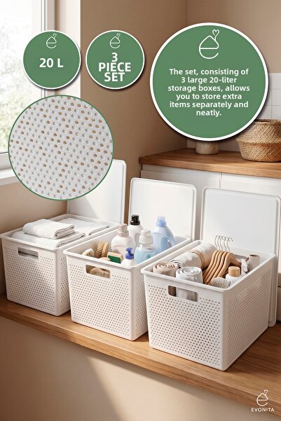 EVONİTA 3-Piece Storage Box with Lid 20 Lt Multi-Purpose Organizer Bathroom K...