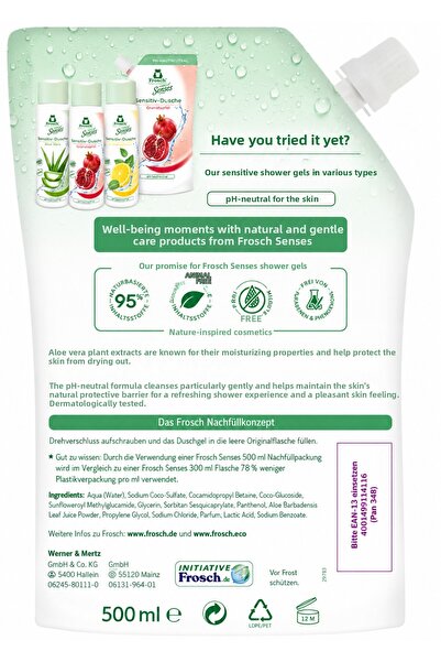 Frosch Senses Aloe Vera Shower Gel for Sensitive Skin Refill Pack 500 ml X 3 Pcs