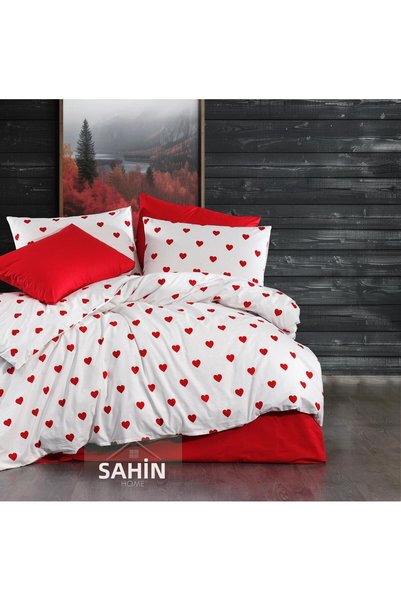 Şahinhome Set de cearșafuri de pat dublu cu model inimă roșie și husă de pilotă elastică (160x200)