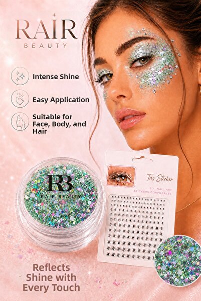 RAİR BEAUTY جل ظلال العيون اللامع باللون الأخضر ومجموعة أحجار الزينة