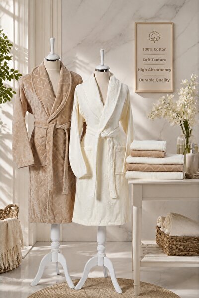 Özdilek Mayra Velvet Family Set-Bathrobe Set 6 Pieces Brown Cream
